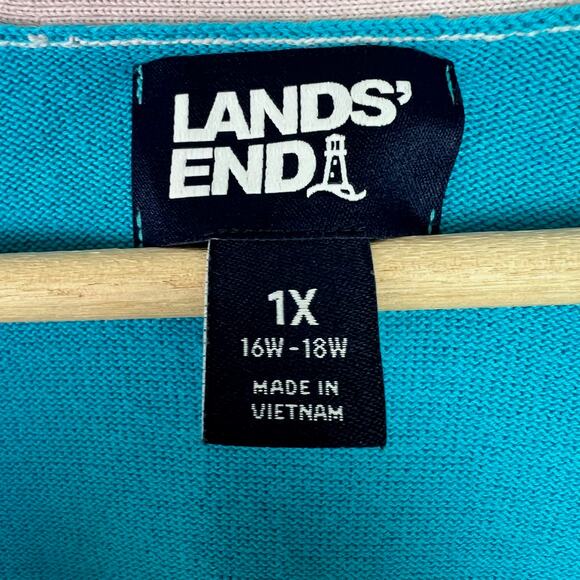 Land's End Women's Size 1X Fine Gauge Cotton Color Block Long Open Cardigan - Picture 3 of 7